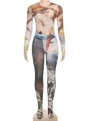 Fashion Round Neck Sheer Print Tight Pants 2 Piece Set