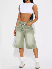 Water Washed Adjustable Buckle Denim Shorts