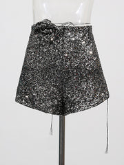 Fashion High Waist Sequin Floral Embellishment Shorts