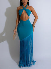 Sexy Lace-up Hollow out Fringes Maxi Dress