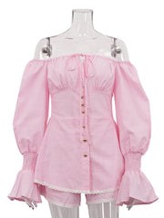 Sexy Off-Shoulder Cinched Waist Lace-Up Top Shorts Set