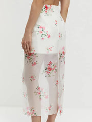 Fashion Sheer Mesh Floral Print Maxi Skirt