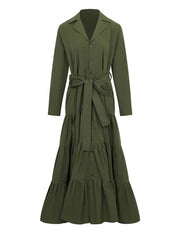 Elegant Lapel Long Sleeve Cinched Waist Maxi Dress