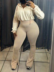 Casual Cropped Hoodie Ribbed Thigh Pants Sets