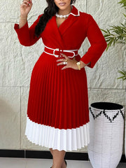 Fashion Full Sleeve Notched Neck High Waist Midi Dress