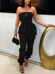 Casual Lace-up Pocket Patchwork Cargo Jumpsuit