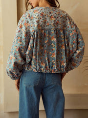 Vintage Round Collar Print Batwing Sleeve Denim Jacket