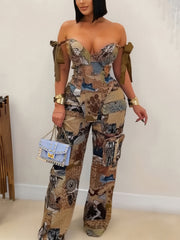 Sexy Print Off Shoulder Tie-wrap Pant Sets