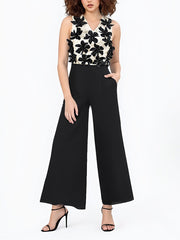 Floral Embellished Mesh See-through Wide Leg Jumpsuit