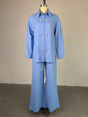 Casual Beading Embellishment Shirt Straight Pants Set