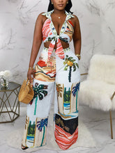 Print Lapel Sleeveless Crop Top Wide Leg Pants Sets