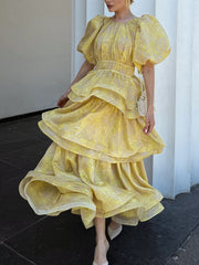 Elegant Jacquard Tiered Puff-Sleeve Maxi Dress