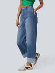 High Waist Rolled Hem Straight Casual Jeans