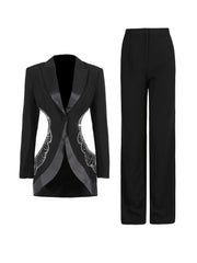 Rhinestone Hollow Out Blazer and Straight Pants Suit