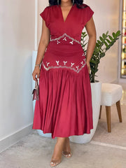 Elegant V Neck Rhinestone Sleeveless Slim Midi Dress