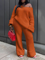 Casual V-Neck Loose Knit Sweater And Pants Set