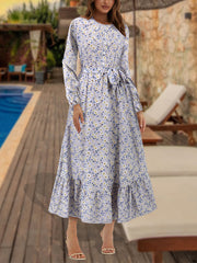 Elegant Round Neck Floral Print Slim Midi Dress