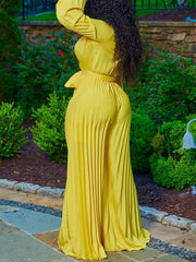 Elegant V Neck Pleated Wide Leg Jumpsuit