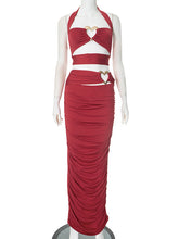 Sexy Heart Metal Decor Ruched Halter Skirt Sets