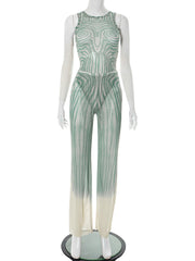 Sexy Print Sheer Mesh Sleeveless Two Piece Set