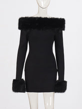 Off Shoulder Furry Trim Slim Mini Dress