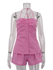 Casual Halter Tank And High Waist Shorts Set