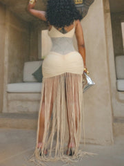 Sexy Hollow Out Tassel Hem Spaghetti Strap Maxi Dress