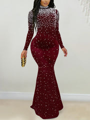 Elegant High Neck Beaded Pearl Bodycon Mermaid Dress