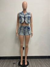 Fashion Multi Pocket Denim Vest And Shorts Sets