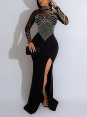 Sexy Rhinestone See through Slim High Slit Dress
