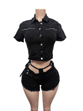 Casual Denim Cropped Jacket Shorts Two Piece Set