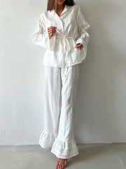 Casual Ruffle Lace-up Shirt Trousers Two Piece Set