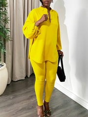 Loose Split Hem Blouse Slim Fit Trousers 2-Piece Set