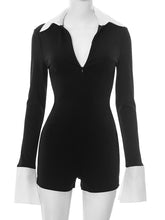 Casual Zipper Turndown Collar Skinny Romper