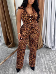 Leopard Print Halter Top And Trousers Casual Set