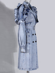 Casual Ruffled Denim Trench Coat