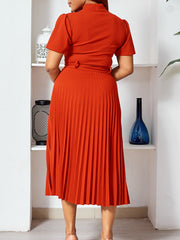 Fashion Solid V-neck Slim Pleated Midi Dress