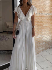 Elegant V Neck Ruffle Pleated Wide Leg Jumpsuit