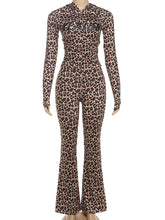Letter Leopard Print Zip Tight Hooded Top And Pants Set