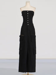 Fashion Slit Fitted Cargo Denim Tube Dress