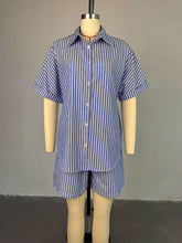 Lapel Stripe Loose Shirt Shorts Casual Set