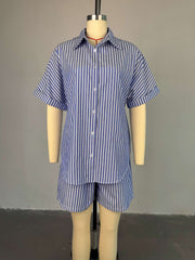 Lapel Stripe Loose Shirt Shorts Casual Set