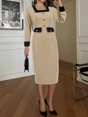 Square Neck Long Sleeve Office Midi Dress