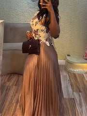 Sexy Print Bandage Vest Maxi Pleated Skirt Set