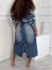 Fashion Embroidery Denim Long Coat Belted Outerwear