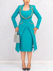 Elegant Lapel Buckle Long Blazer Midi Dress Suit