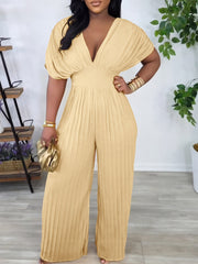 Elegant V-Neck Pleated Wide Leg Jumpsuit