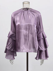 Elegant Round Collar Tiered Sleeve Chiffon Top