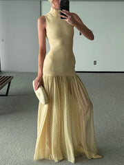 High Collar Sleeveless Sheer Mesh Patchwork Maxi Dress