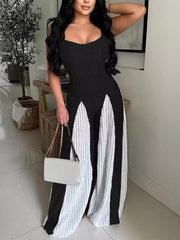 Elegant Color Block Backless Halter Wide Leg Jumpsuit